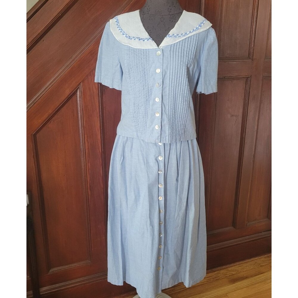 Vintage Plaza South Blue Button-Up Dress Embroidered Collar Pintuck Sz12 India